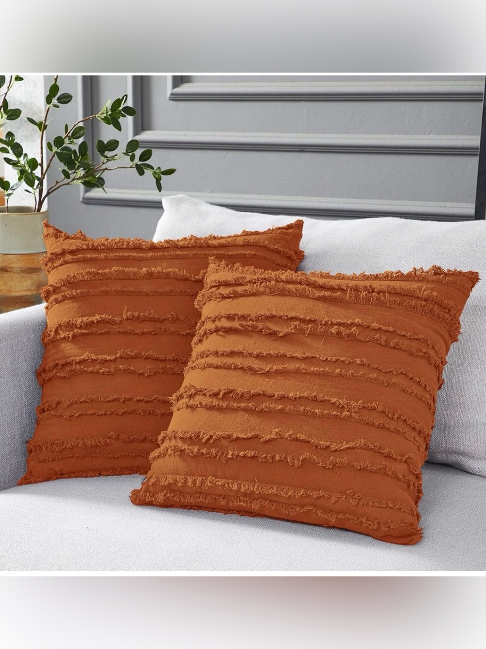 Fringed Textured Throw Pillow Pair - Burnt Orange